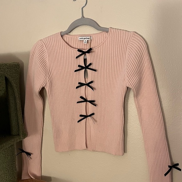 Pink Ribbed Cardigan with Black Bow Accents - Picture 1 of 2